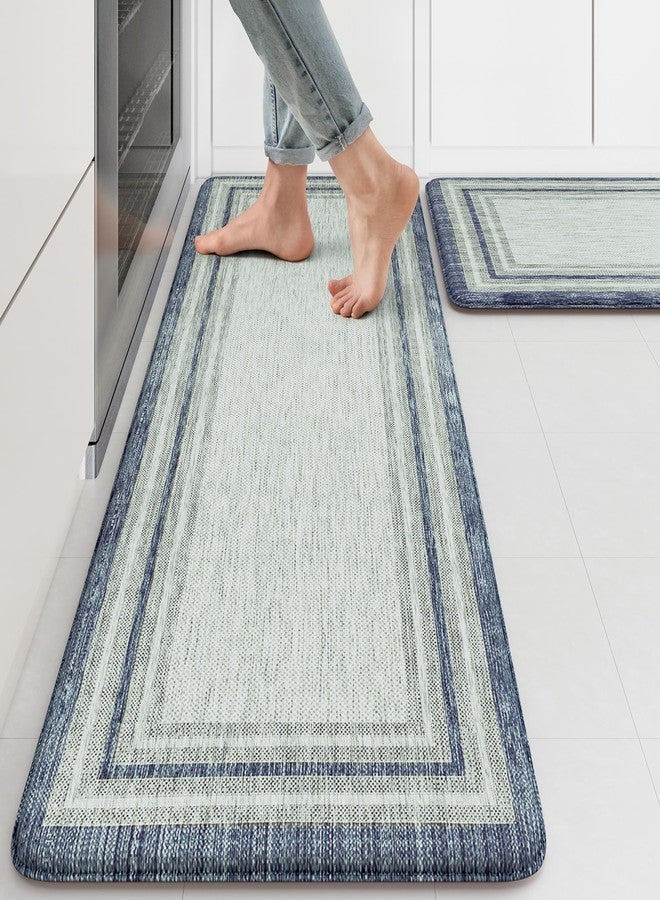 KIMODE طقم سجاد مطبخ كيمود المضاد للإجهاد (قطعتان)، سجاد مطبخ مقاوم للماء وغير قابل للانزلاق، سجادة مطبخ ريفية للأرضيات، سجادة إسفنجية مريحة مبطنة للوقوف، مناسبة للغسيل والمكتب والحوض والمكتب، باللونين الأزرق والرمادي. - Image 1